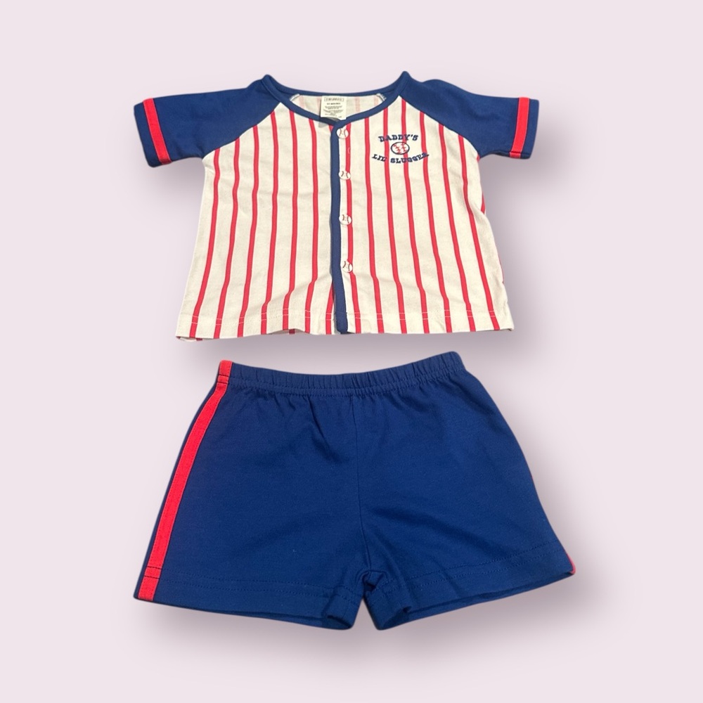 Vintage Baby Swiggles Blue and White Striped Baseball Outfit Size 0/3 Months